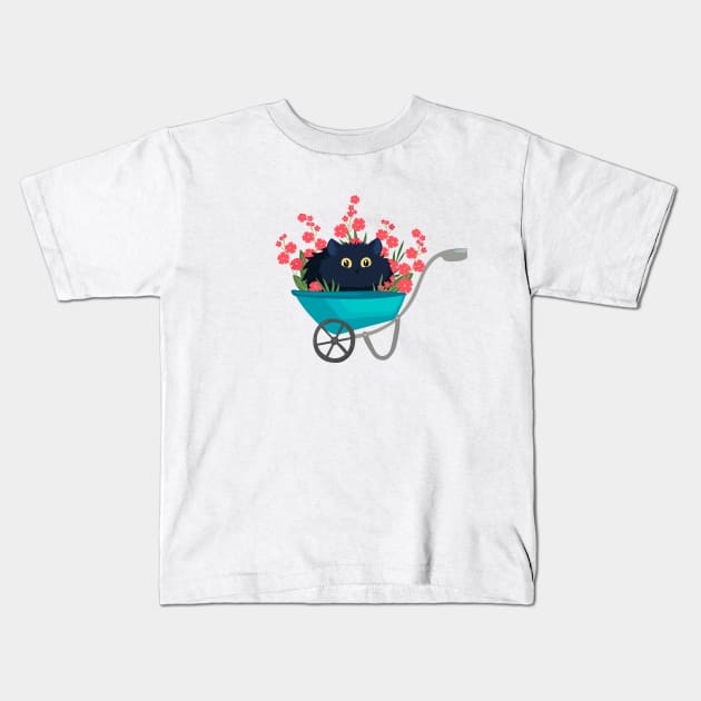 black cat in a garden wheelbarrow with red flowers Kids T-Shirt by  ESHA-Studio